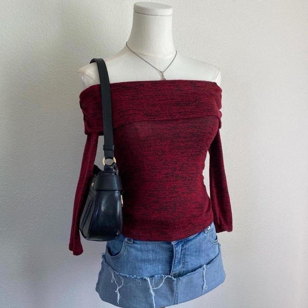 Y2K Iz Byer Pff The Shoulder Red Black Marled 3/4 Sleeve Knit Top Whimsigoth